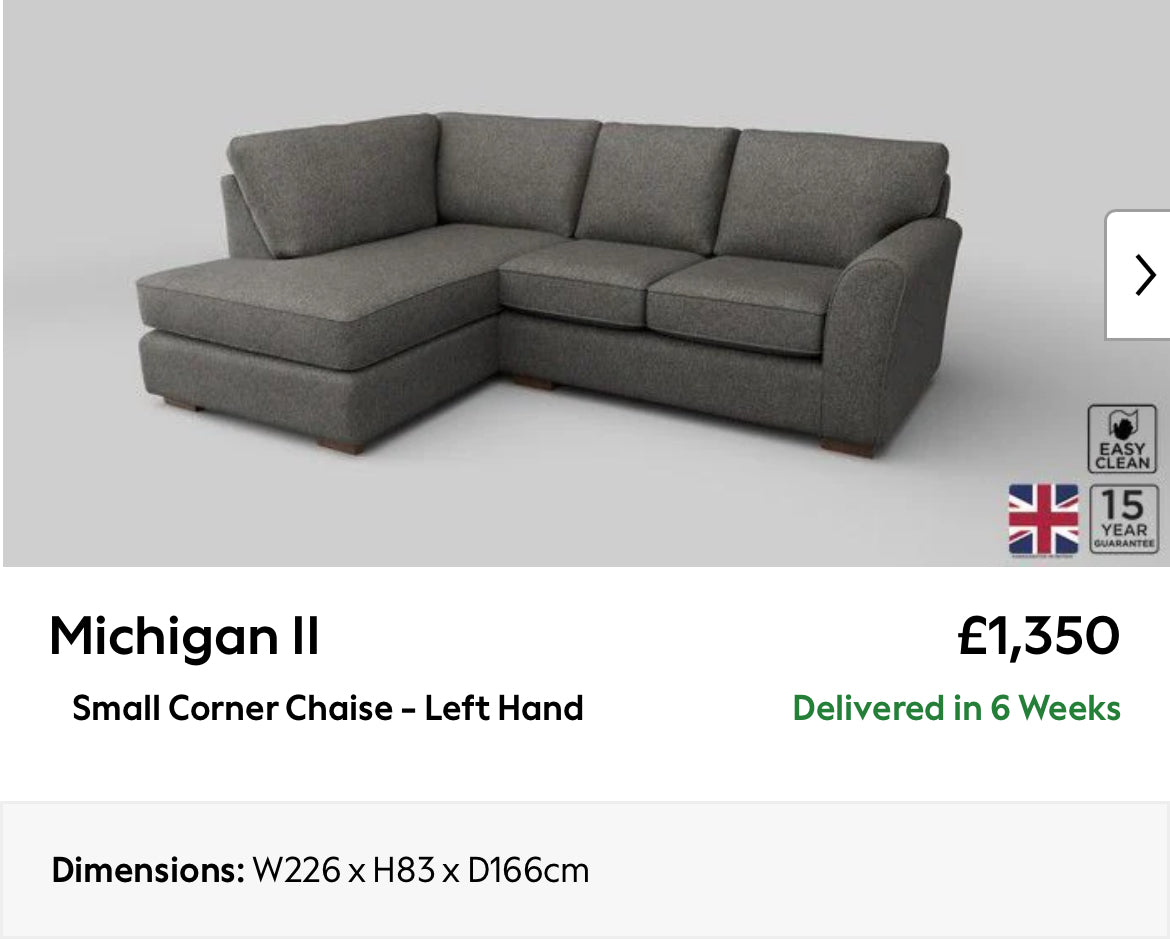 Next Michigan Highback Tweedy Grey Corner Sofa