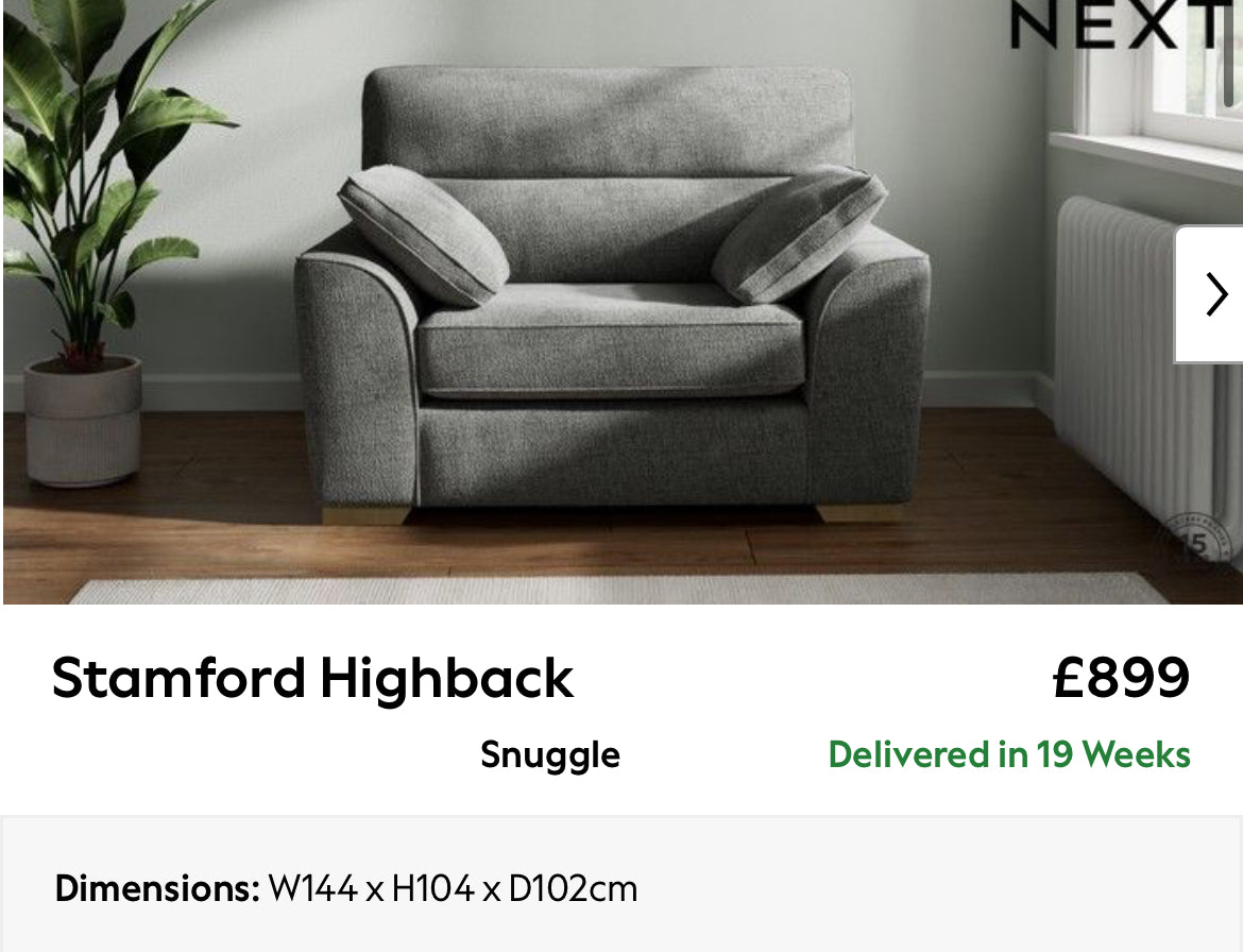 Next Stamford Highback 3 Seater Sofa & Snuggle Chair