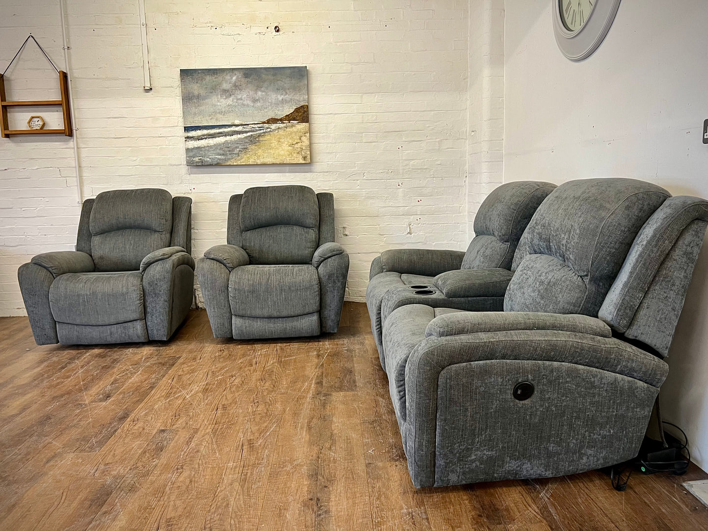 La-Z-Boy Double Power Recliner Sofa + Power Recliner Armchairs (USB Charger Ports)
