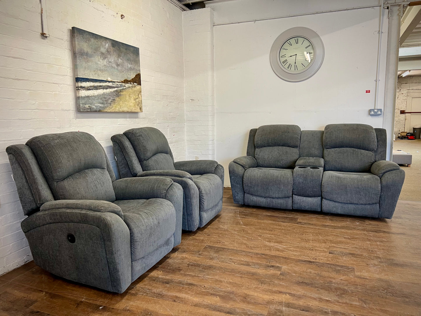 La-Z-Boy Double Power Recliner Sofa + Power Recliner Armchairs (USB Charger Ports)